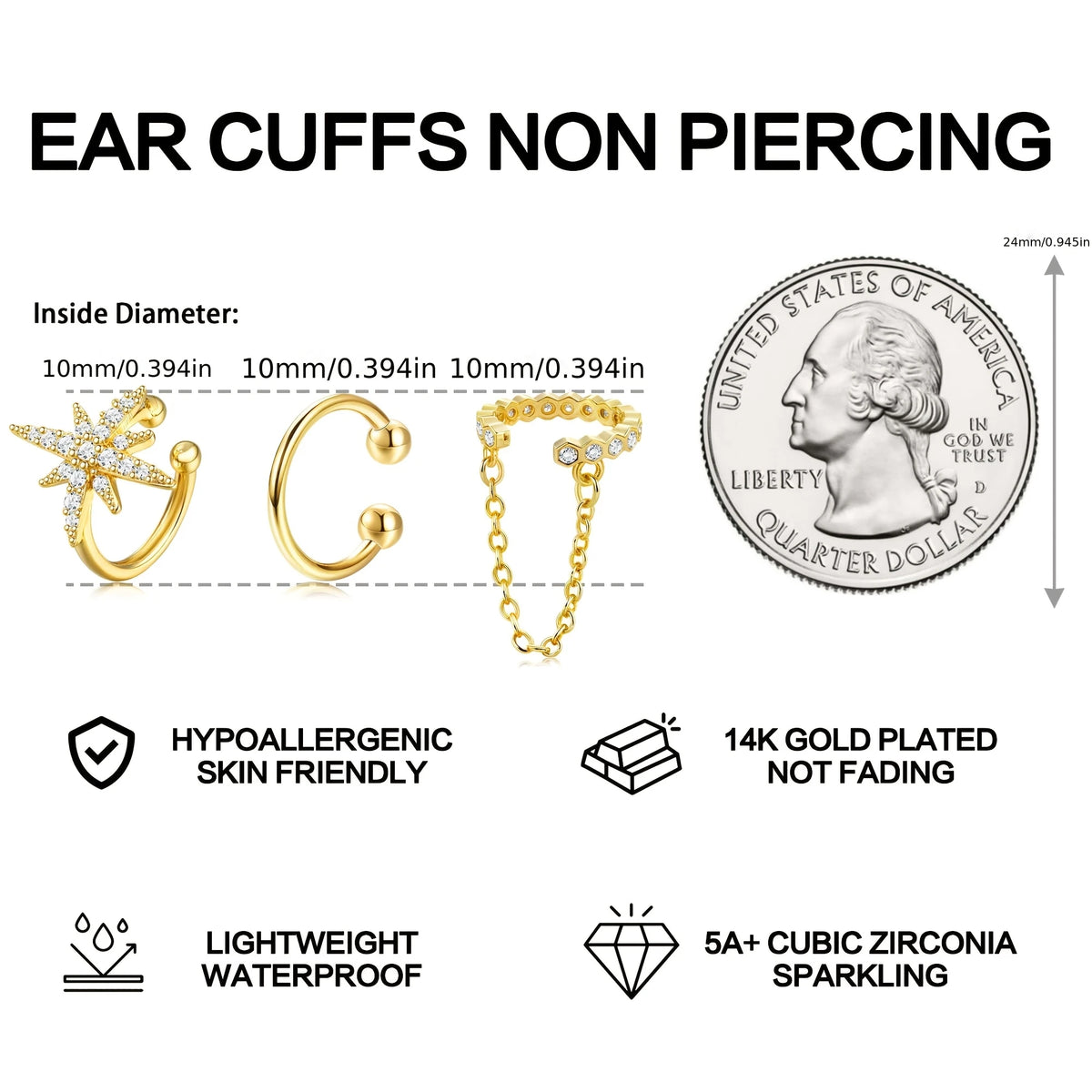 Adjustable Gold Plated Ear Cuffs for Women CZ Star Chain Design Non-Pierced Ear Cuffs Suitable for All Ears Layered Jewelry Gift
