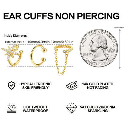 Adjustable Gold Plated Ear Cuffs for Women CZ Star Chain Design Non-Pierced Ear Cuffs Suitable for All Ears Layered Jewelry Gift