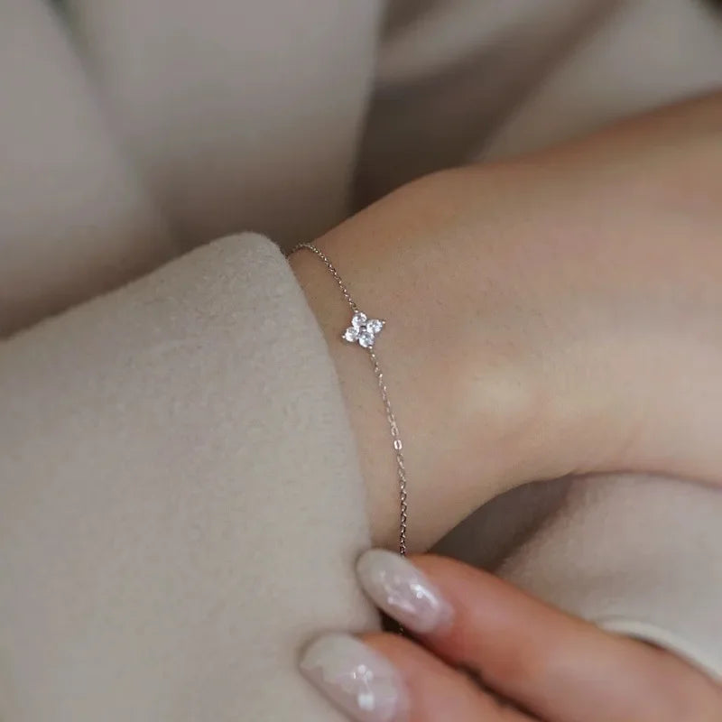 14K Gold/Silver Plated Flower Bracelets for Women Cubic Zirconia Four Clover Leaf Charm Dainty Bracelets Shiny Jewelry Gifts