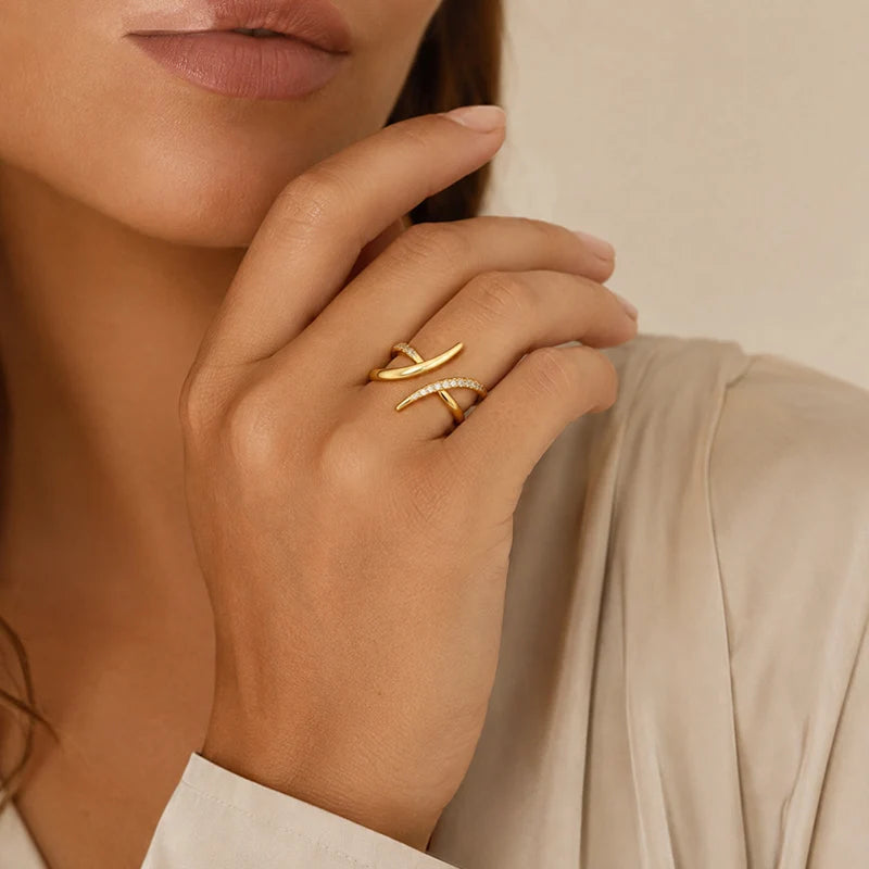 Cross Wrap Ring for Women CZ Zircon Adjustable Open Ring Minimalist Fashion Jewelry Gold Silver Color Statement Ring Gift