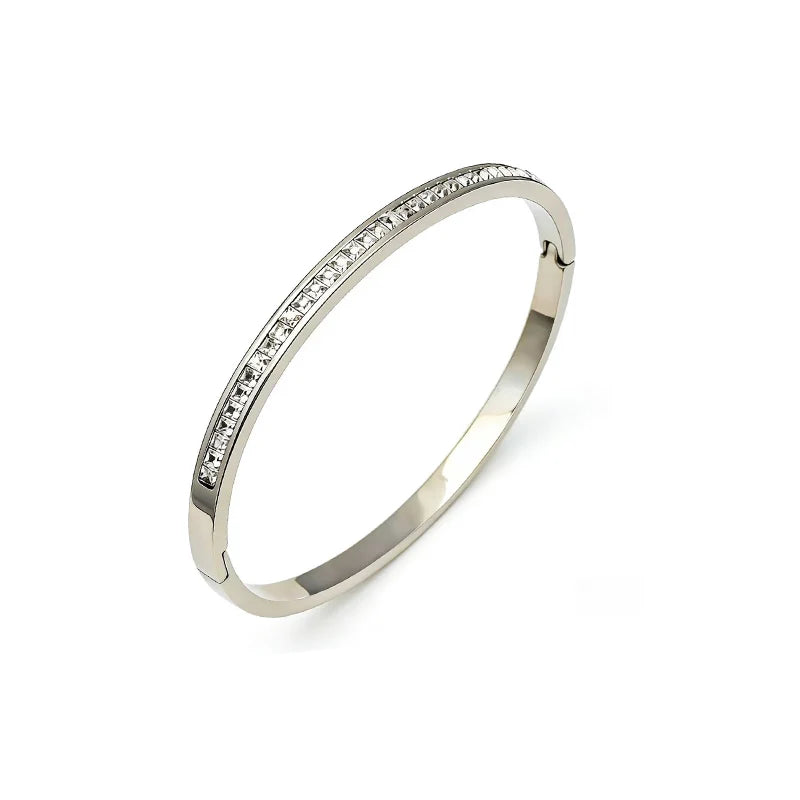 304 Stainless Steel Bangle Bracelet for Women White Shell Inlaid CZ Crystal Open Cuff Bangle Waterproof No Fade Daily Jewelry