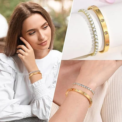2Pcs/Set 18K Gold Plated Dainty Tennis Bracelets Love Bangle Bracelets 4/6mm Cubic Zirconia Classic Tennis Bracele for Women
