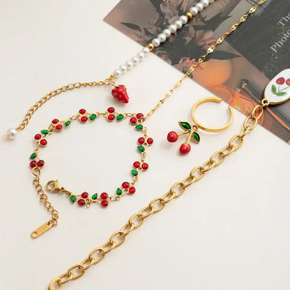 Stainless Steel Colorful Flower Bead Bracelet Adjustable Dainty Floral Chain Finger Bracelet for Women Girls Daily Jewelry