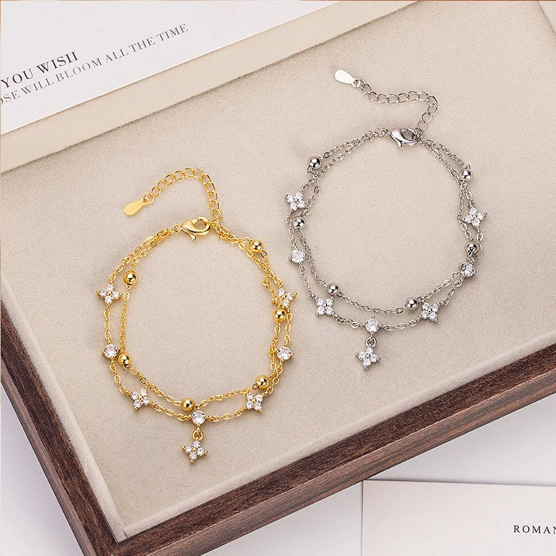14K Gold Plated Clover Bracelet for Women Beaded Stackable Charm Bracelet Lucky Jewelry Gift