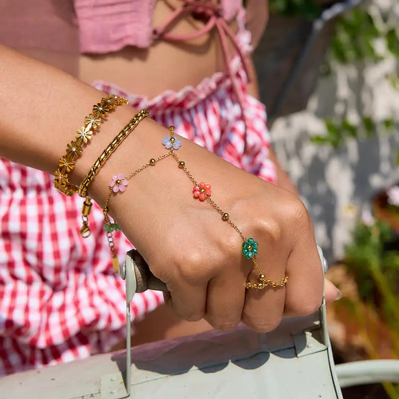 Stainless Steel Colorful Flower Bead Bracelet Adjustable Dainty Floral Chain Finger Bracelet for Women Girls Daily Jewelry