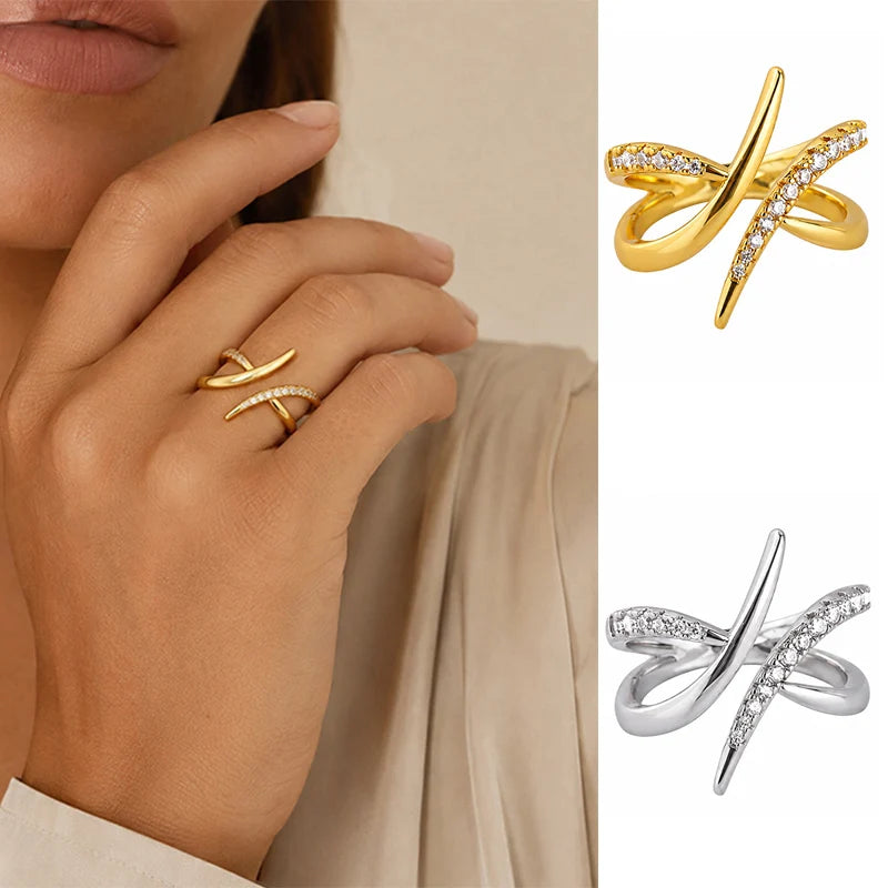 Cross Wrap Ring for Women CZ Zircon Adjustable Open Ring Minimalist Fashion Jewelry Gold Silver Color Statement Ring Gift