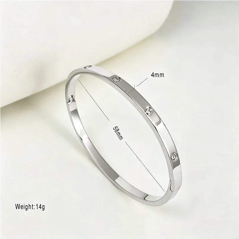 304 Stainless Steel Bangle Bracelet for Women White Shell Inlaid CZ Crystal Open Cuff Bangle Waterproof No Fade Daily Jewelry