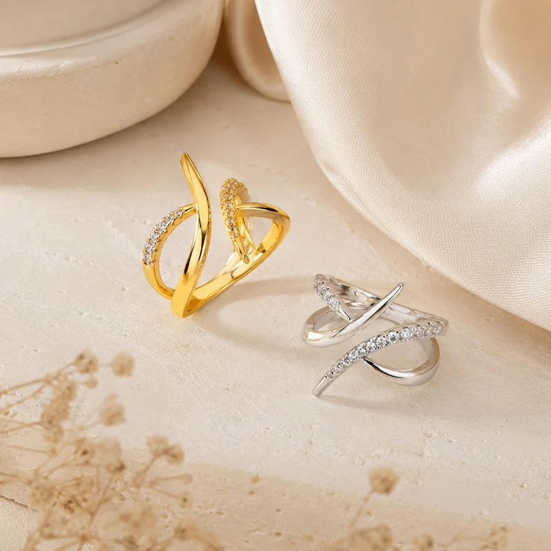 Cross Wrap Ring for Women CZ Zircon Adjustable Open Ring Minimalist Fashion Jewelry Gold Silver Color Statement Ring Gift