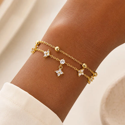 14K Gold Plated Clover Bracelet for Women Beaded Stackable Charm Bracelet Lucky Jewelry Gift