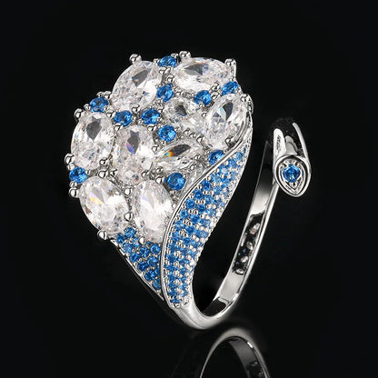 S925 Silver Multi-Color CZ Peacock Open Ring Fine Ruby Blue Kyanite Sparkling Adjustable Statement Ring for Women Jewelry Gifts