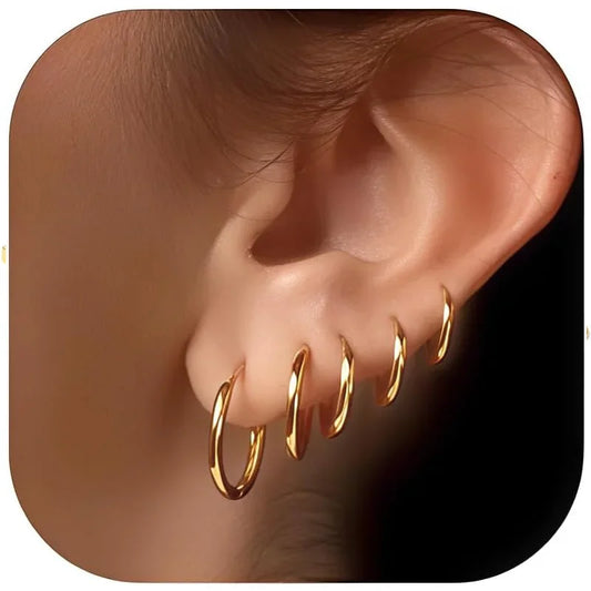 5 Pairs 14K Gold Plated Huggie Hoop Earrings for Women Lightweight Minimalist Small Hoops Multiple Piercing Stack Set Earrings