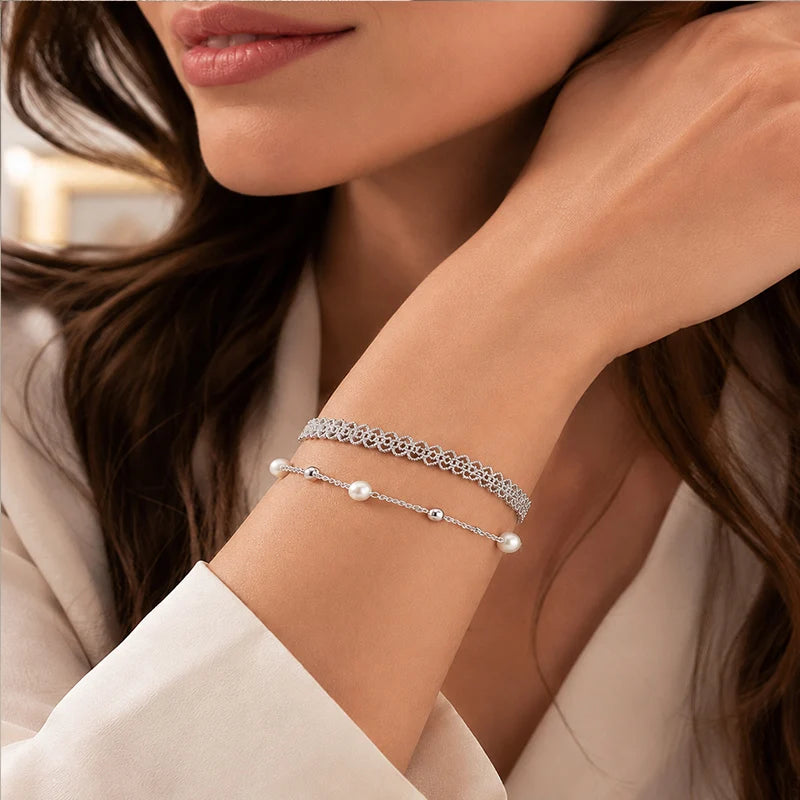 925 Silver Plated Bracelet Set for Women Pearl Chain Layered Bracelet Hollow Flower Adjustable Minimalist Jewelry Gift