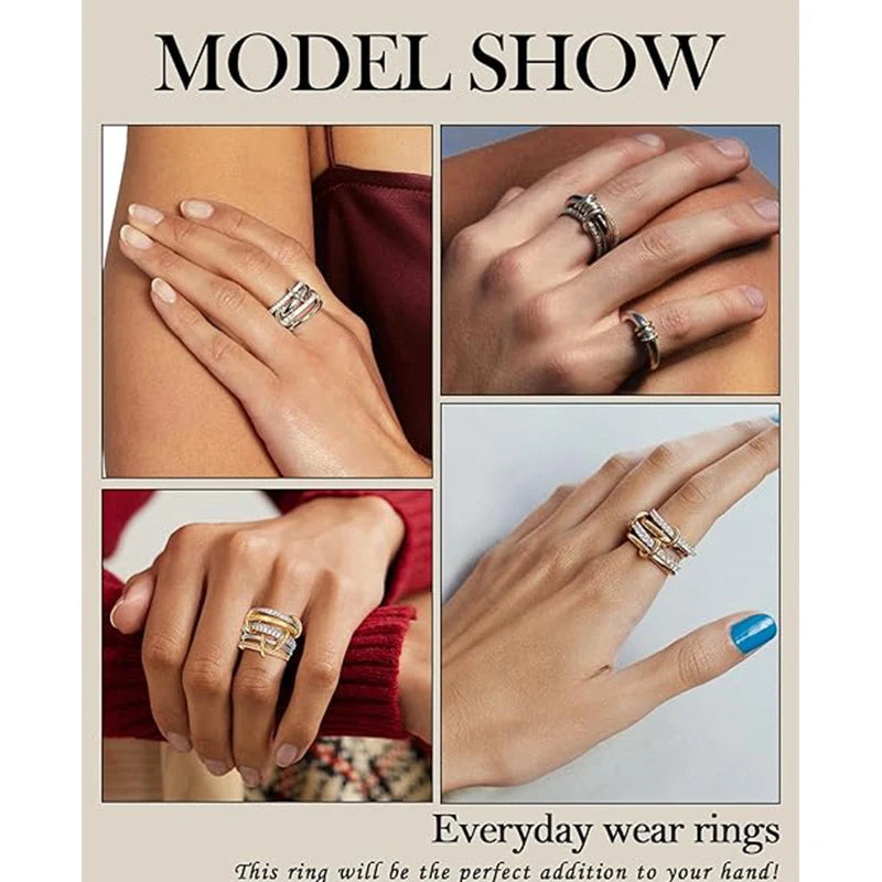 18K Gold Plated Interlocked Stackable Rings for Women Statement Ring Stack Set Gifts Cubic Zirconia Stacking Jewelry
