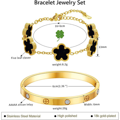 18K Gold Plated Bracelets for Women-2Pcs Love Cubic Zirconia Lucky Five Leaf Link Bracelets Dainty Bangle Stack Jewelry Set Gift