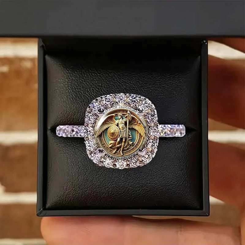 Vintage Archangel Michael Ring Religious Statement Ring Zircon Halo Gothic Cross Jewelry for Men Women Spiritual Gift
