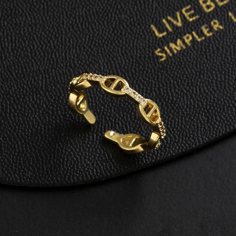 Oval Link D Letter Open Ring 14K Gold Plated Sparkling Zircon Minimalist Luxury Jewelry Adjustable Ring for Women Gift