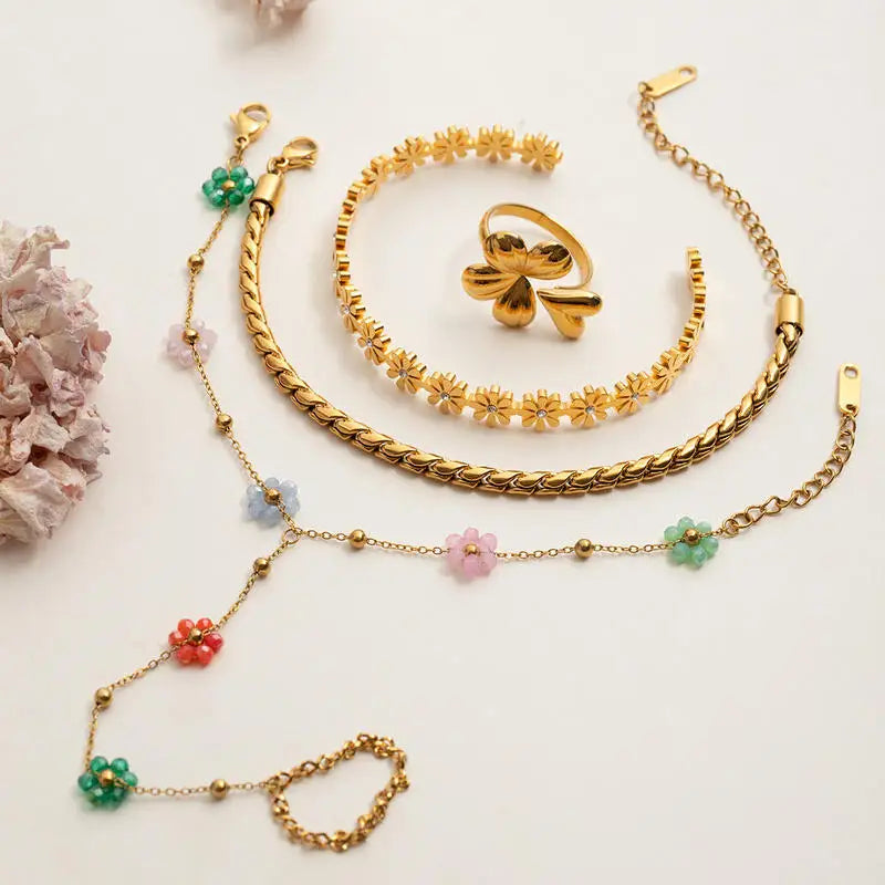 Stainless Steel Colorful Flower Bead Bracelet Adjustable Dainty Floral Chain Finger Bracelet for Women Girls Daily Jewelry