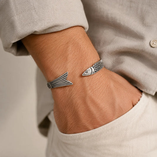 Fish Cuff Bracelet for Men Women Ocean Style Animal Open Bangle Minimalist Vintage Daily Wear Jewelry Gift