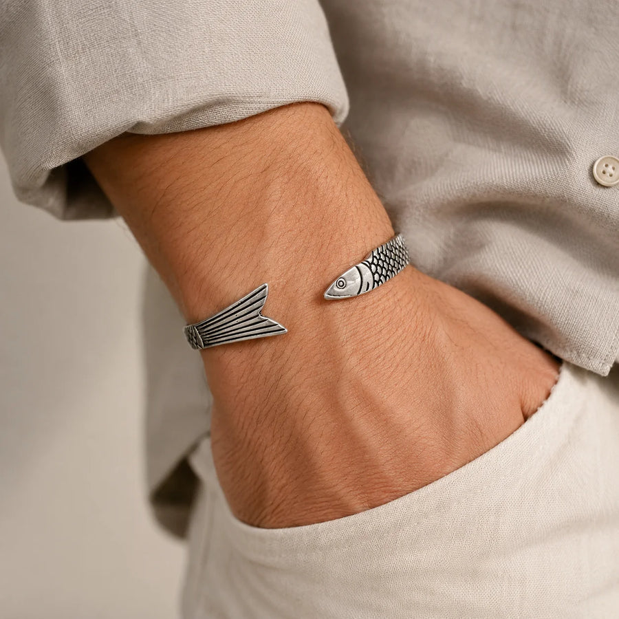 Fish Cuff Bracelet for Men Women Ocean Style Animal Open Bangle Minimalist Vintage Daily Wear Jewelry Gift
