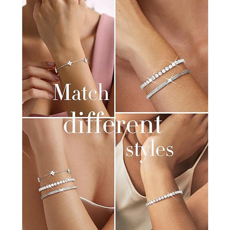 Shiny Crystal Stackable Bracelet for Women Dainty Clover Chain Square Zircon Bangle Stackable Adjustable Party Jewelry Gift