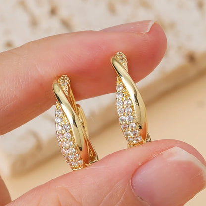 2026 New Twisted Zircon Hoop Earrings for Women Gold Plated Cross Twisted Cuff Earrings Sparkling Micro Paved CZ Party Jewelry