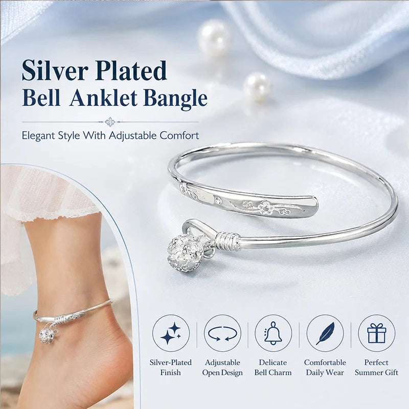 Dainty Bell Anklet Women 925 Silver Plated Engraved Floral Ankle Bracelet Boho Summer Beach Jewelry
