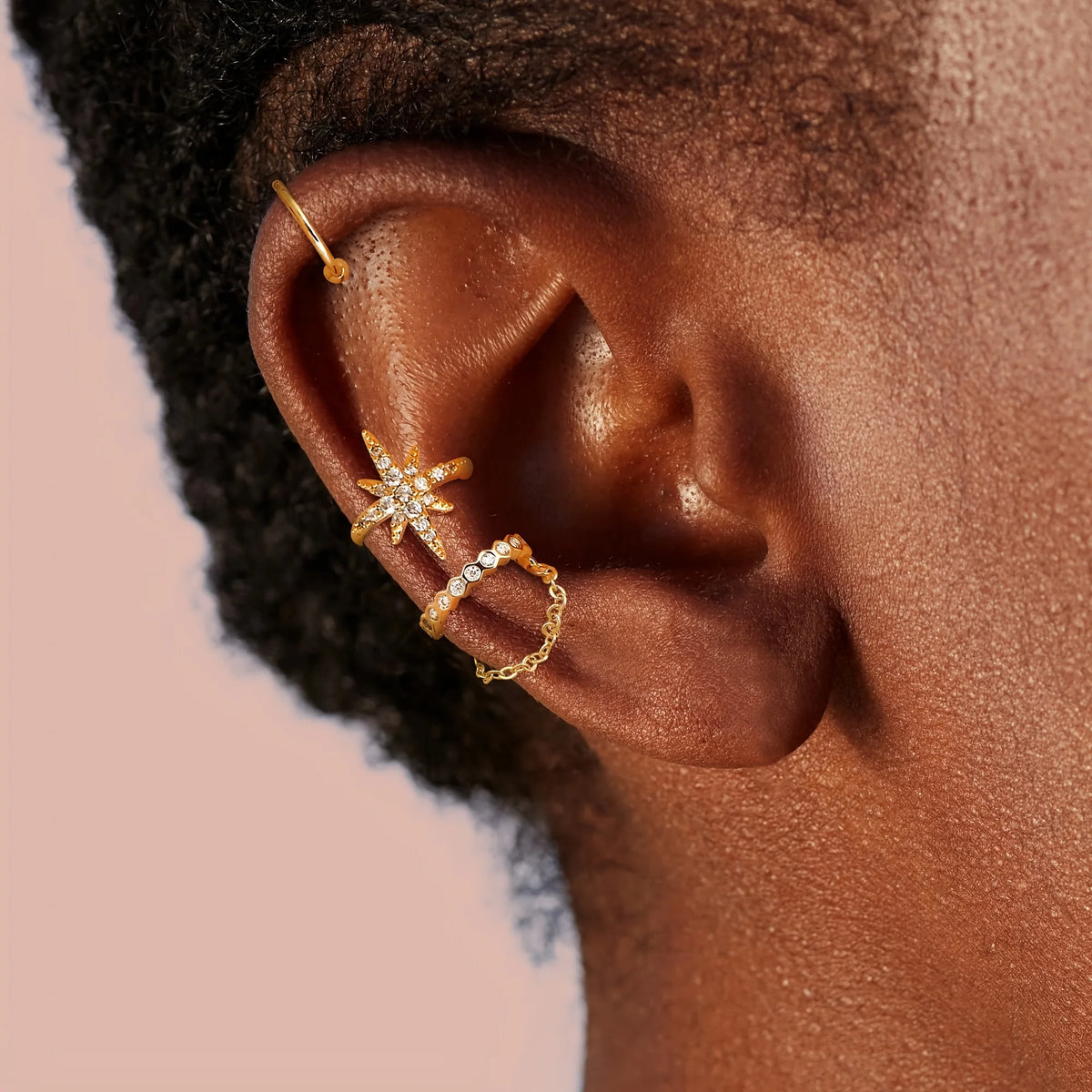 Adjustable Gold Plated Ear Cuffs for Women CZ Star Chain Design Non-Pierced Ear Cuffs Suitable for All Ears Layered Jewelry Gift