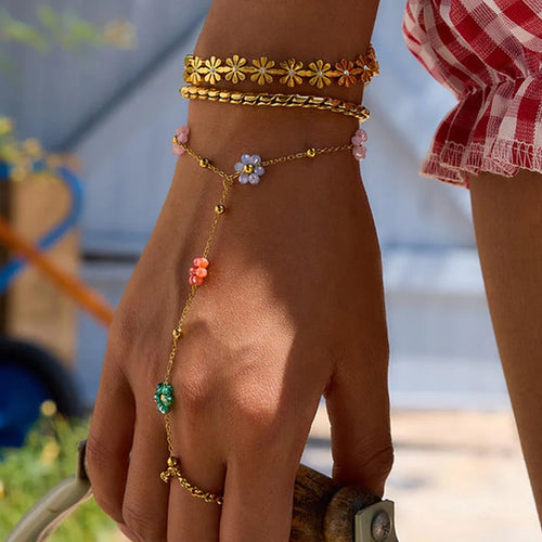 Stainless Steel Colorful Flower Bead Bracelet Adjustable Dainty Floral Chain Finger Bracelet for Women Girls Daily Jewelry