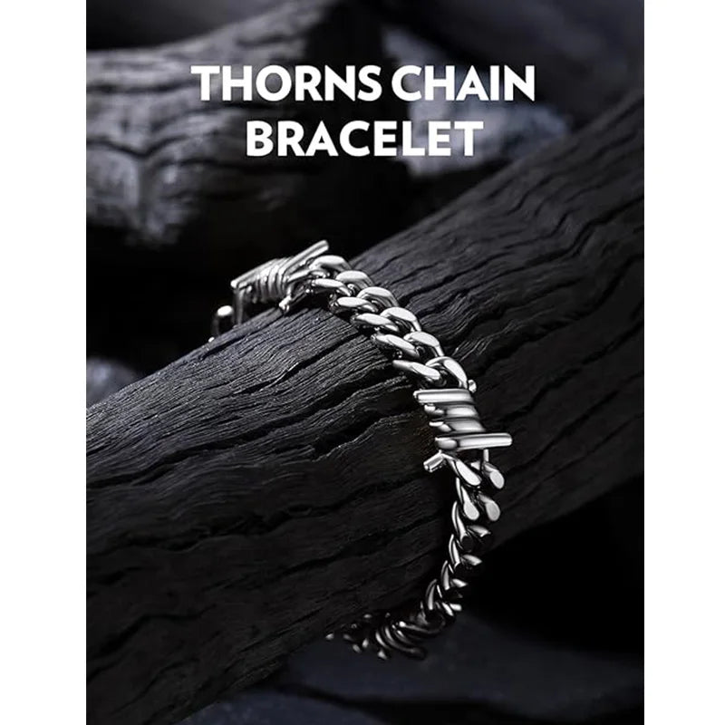Barbed Wire Chain Bracelets for Men Women Stainless Steel Thorn Cuban Link Chains Bracelet Adjustable Punk Emo Style Jewelry