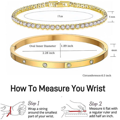 2Pcs/Set 18K Gold Plated Dainty Tennis Bracelets Love Bangle Bracelets 4/6mm Cubic Zirconia Classic Tennis Bracele for Women