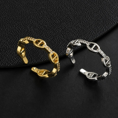 Oval Link D Letter Open Ring 14K Gold Plated Sparkling Zircon Minimalist Luxury Jewelry Adjustable Ring for Women Gift