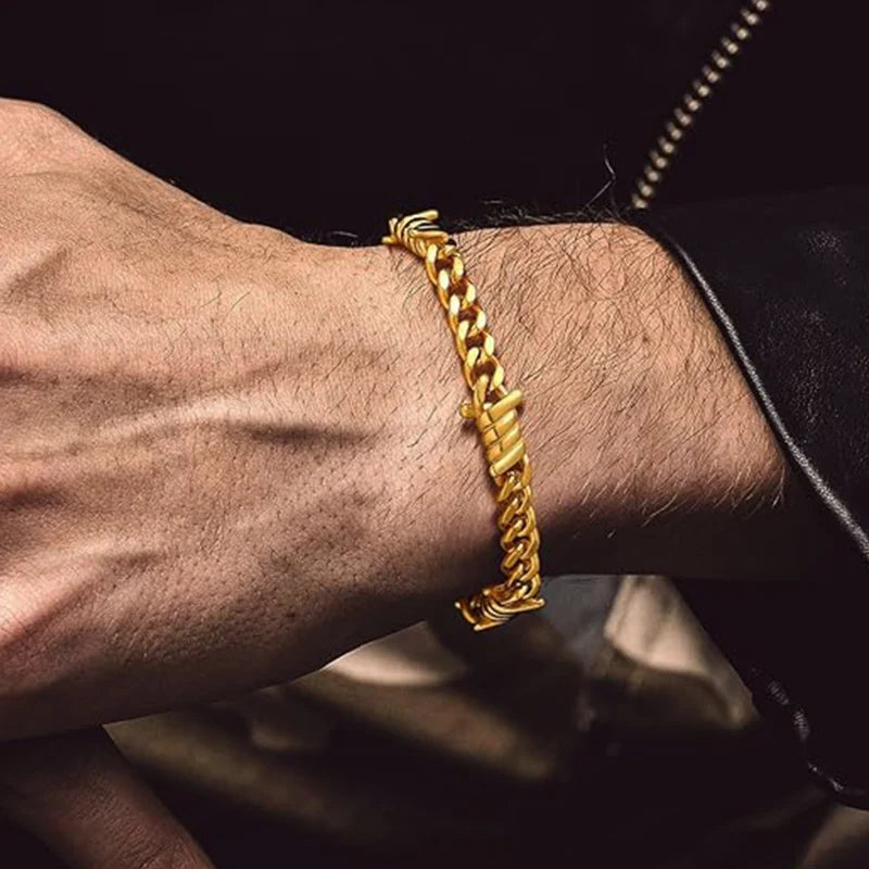 Barbed Wire Cuban Link Bracelet 18K Gold Plated Stainless Steel Gothic Punk Thorns Hand Chain Bracelet for Men Women Jewelry