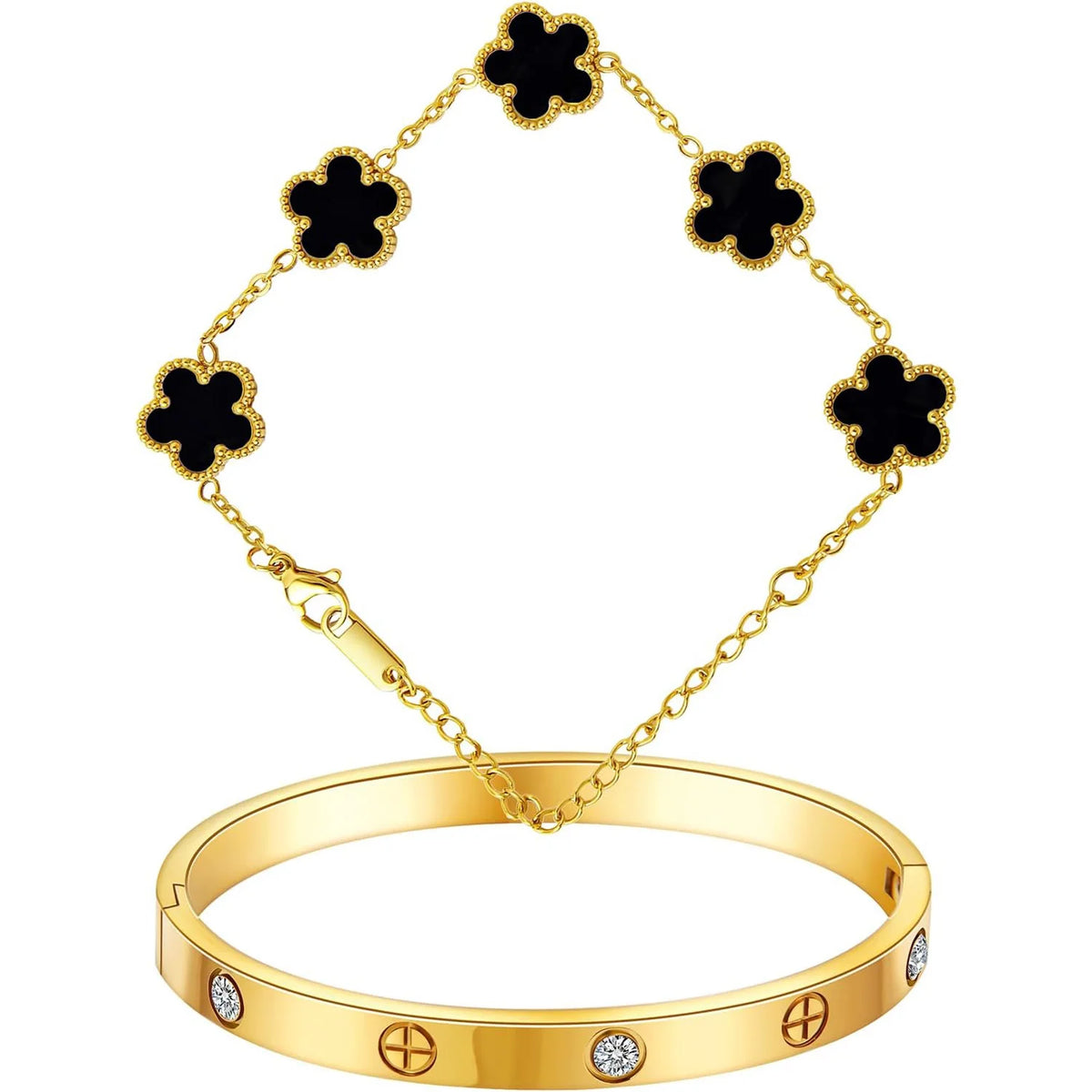 18K Gold Plated Bracelets for Women-2Pcs Love Cubic Zirconia Lucky Five Leaf Link Bracelets Dainty Bangle Stack Jewelry Set Gift