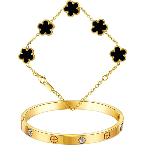18K Gold Plated Bracelets for Women-2Pcs Love Cubic Zirconia Lucky Five Leaf Link Bracelets Dainty Bangle Stack Jewelry Set Gift