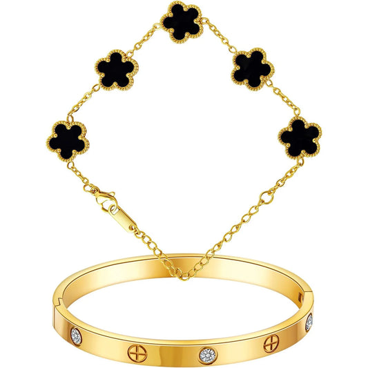 18K Gold Plated Bracelets for Women-2Pcs Love Cubic Zirconia Lucky Five Leaf Link Bracelets Dainty Bangle Stack Jewelry Set Gift