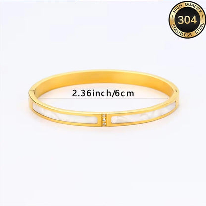 304 Stainless Steel Bangle Bracelet for Women White Shell Inlaid CZ Crystal Open Cuff Bangle Waterproof No Fade Daily Jewelry