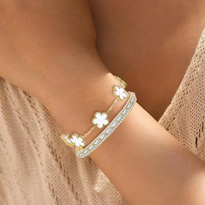 2Pcs Stackable Gold Bracelet Set for Women Cubic Zirconia Tennis Bracelet 18K Gold Plated Flower Bracelet Set Trendy Gifts