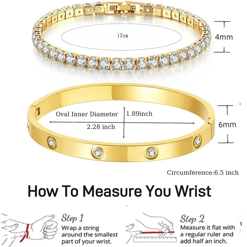 2Pcs/Set 18K Gold Plated Dainty Tennis Bracelets Love Bangle Bracelets 4/6mm Cubic Zirconia Classic Tennis Bracele for Women