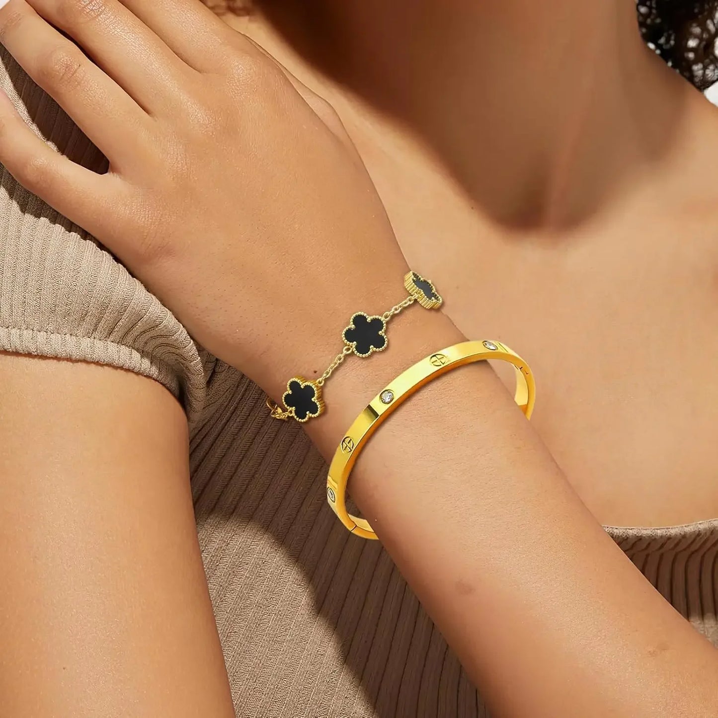 18K Gold Plated Bracelets for Women-2Pcs Love Cubic Zirconia Lucky Five Leaf Link Bracelets Dainty Bangle Stack Jewelry Set Gift