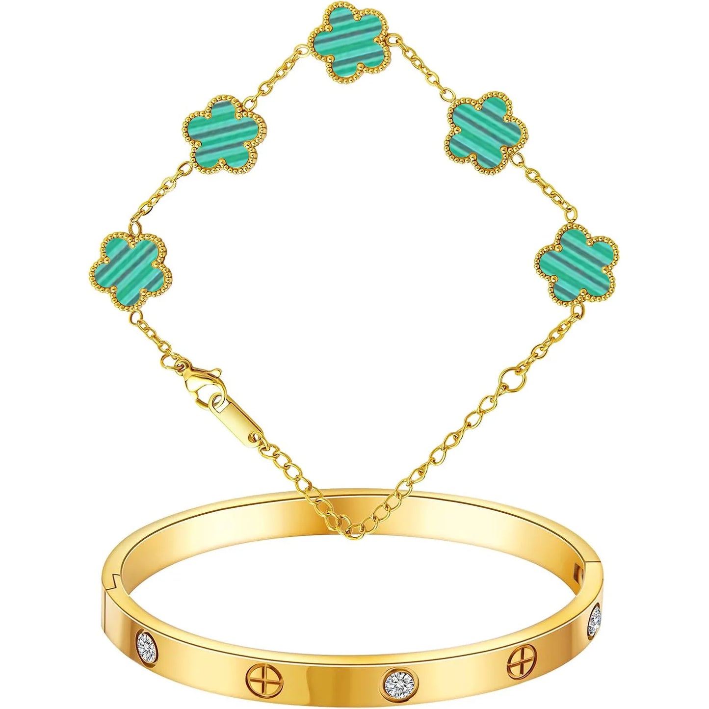 18K Gold Plated Bracelets for Women-2Pcs Love Cubic Zirconia Lucky Five Leaf Link Bracelets Dainty Bangle Stack Jewelry Set Gift