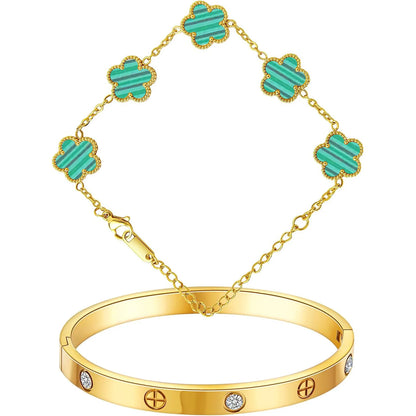 18K Gold Plated Bracelets for Women-2Pcs Love Cubic Zirconia Lucky Five Leaf Link Bracelets Dainty Bangle Stack Jewelry Set Gift