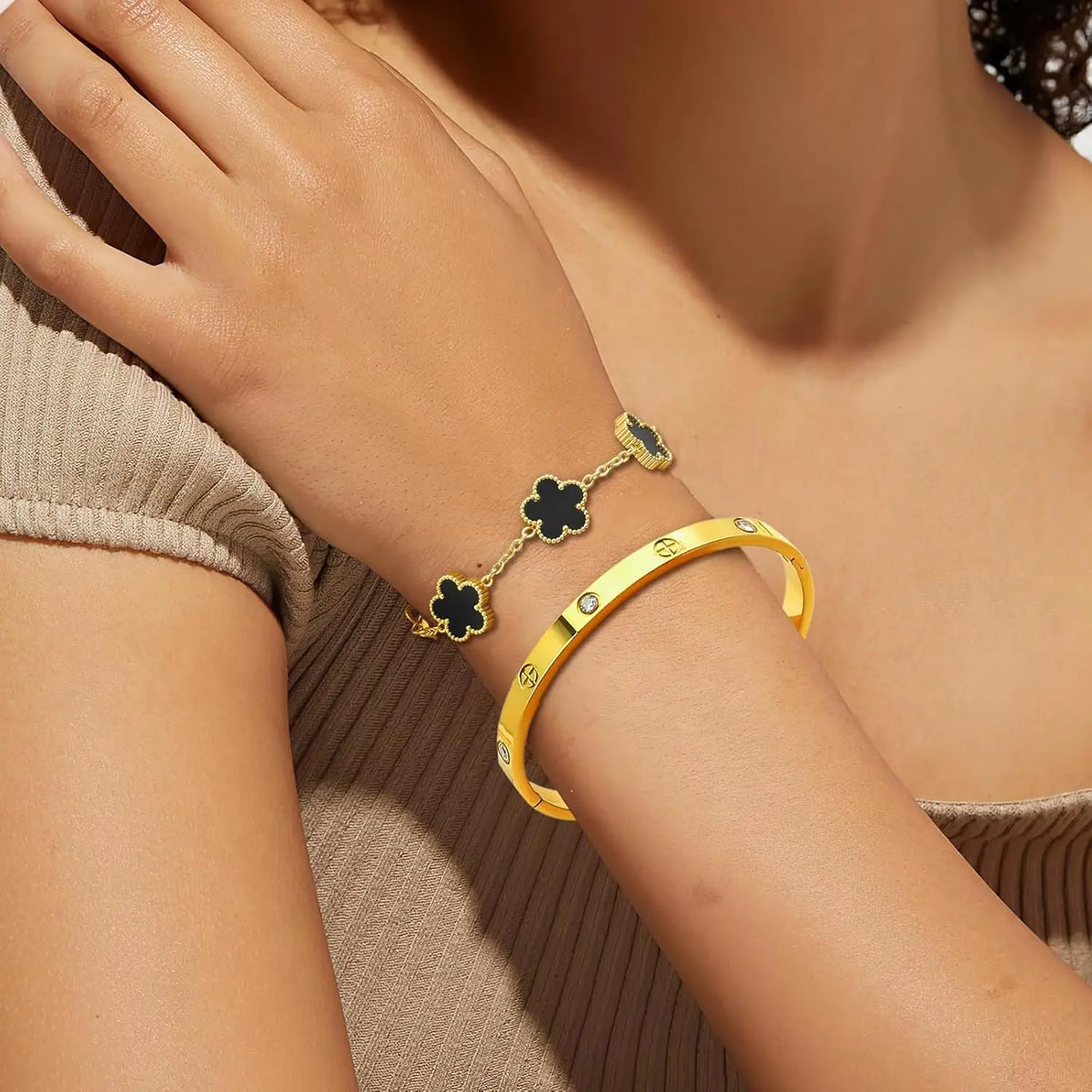 18K Gold Plated Bracelets for Women-2Pcs Love Cubic Zirconia Lucky Five Leaf Link Bracelets Dainty Bangle Stack Jewelry Set Gift