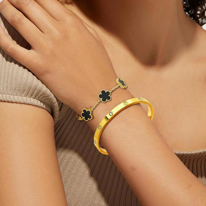 18K Gold Plated Bracelets for Women-2Pcs Love Cubic Zirconia Lucky Five Leaf Link Bracelets Dainty Bangle Stack Jewelry Set Gift