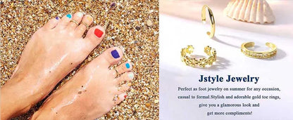 3PCS Filled Toe Rings Set for Women 14K Gold Plating Adjustable Simple CZ Flower Ring Summer Beach Jewelry