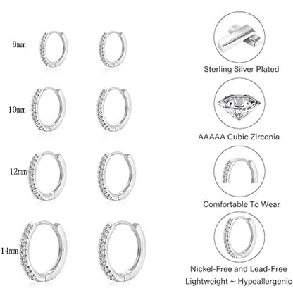 4 Pairs Small 925 Silver Plated CZ Hoop Earrings Set Cartilage Helix Sparkling Cubic Zirconia Huggie Hoops Earrings for Women