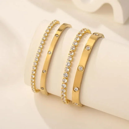 2Pcs/Set 18K Gold Plated Dainty Tennis Bracelets Love Bangle Bracelets 4/6mm Cubic Zirconia Classic Tennis Bracele for Women