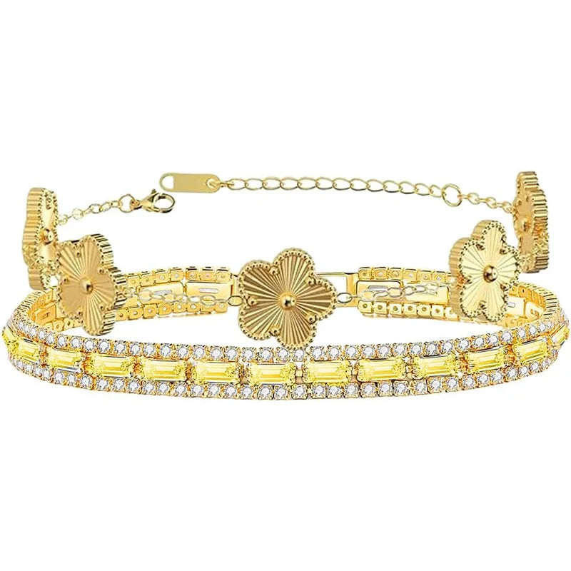 2Pcs Stackable Gold Bracelet Set for Women Cubic Zirconia Tennis Bracelet 18K Gold Plated Flower Bracelet Set Trendy Gifts