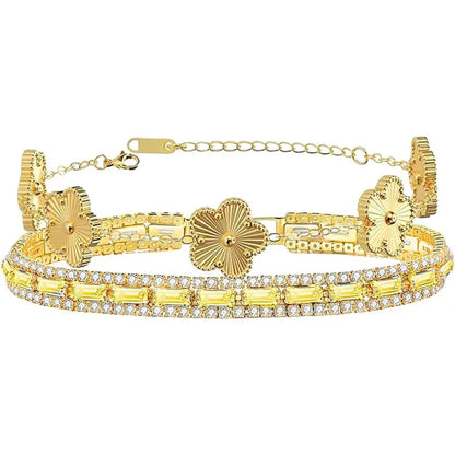 2Pcs Stackable Gold Bracelet Set for Women Cubic Zirconia Tennis Bracelet 18K Gold Plated Flower Bracelet Set Trendy Gifts