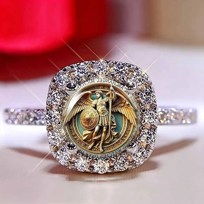 Vintage Archangel Michael Ring Religious Statement Ring Zircon Halo Gothic Cross Jewelry for Men Women Spiritual Gift