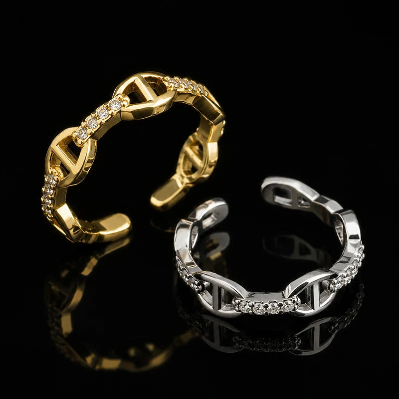 Oval Link D Letter Open Ring 14K Gold Plated Sparkling Zircon Minimalist Luxury Jewelry Adjustable Ring for Women Gift